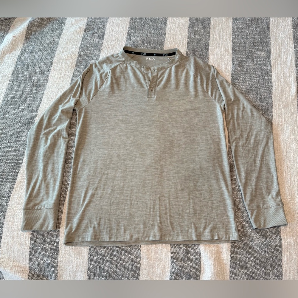 FLX Men’s M Long Sleeve 3 button Henley Tan Shirt